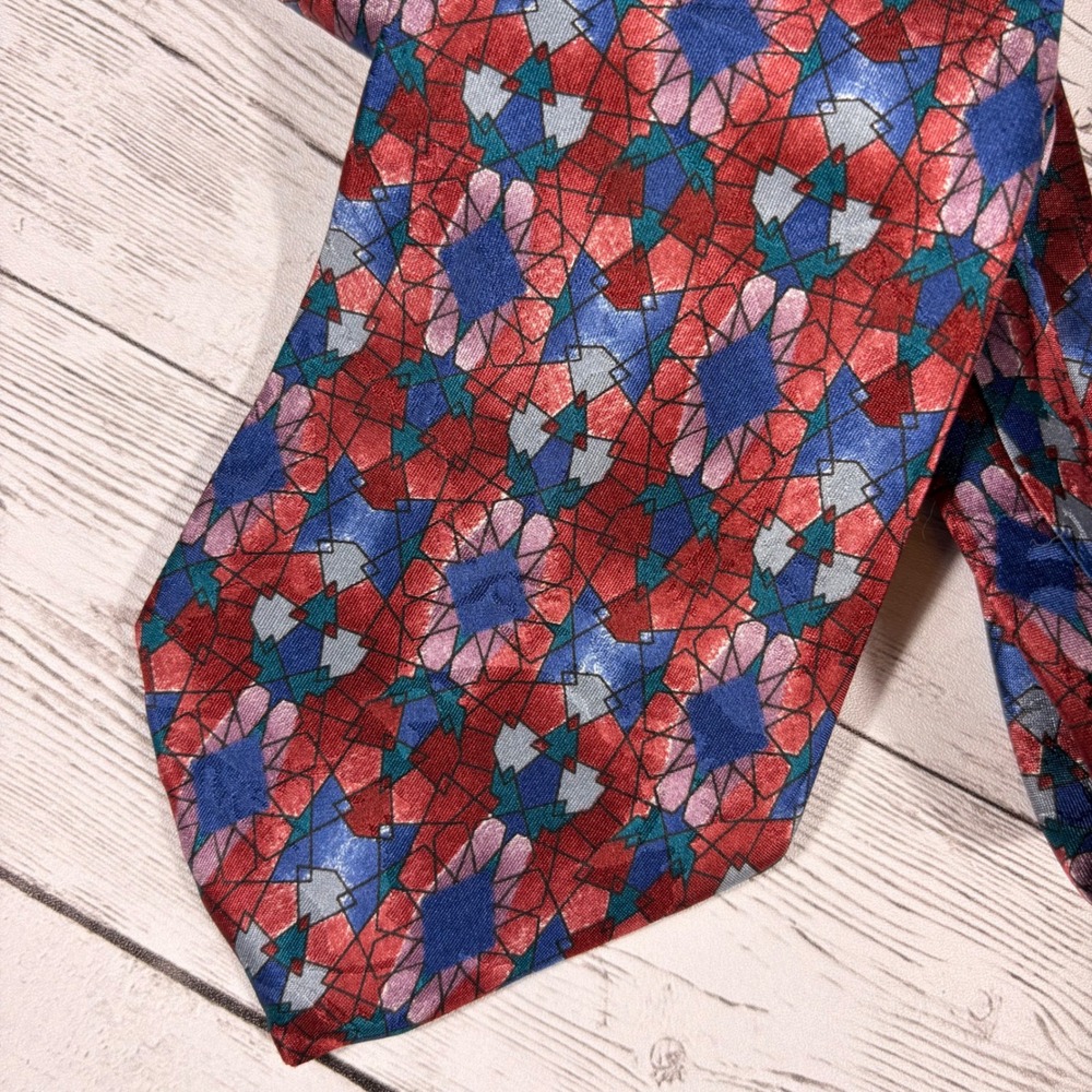 Ferracci Mens Silk Necktie Red Blue Geometric Mosaic Stained Glass Pattern USA
